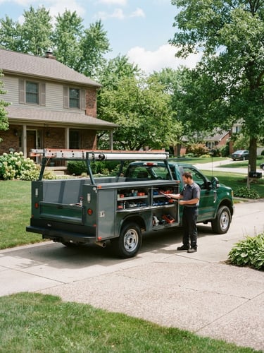 Clean, well-maintained GreenLine service truck parked in a residential driveway in Farmington, Illinois, under bright natural daylight, technician in clean uniform visible near the truck.