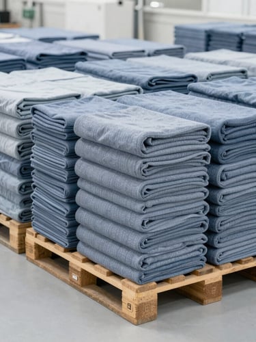 Wide-angle clean industrial factory floor showing neatly stacked bolts of finished textiles on shipping pallets under bright neutral lighting.