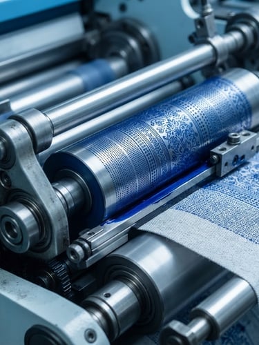 Extreme close-up macro photography of clean high-speed rotary textile printing rollers, sharp metallic detail, cool blue and gray industrial lighting