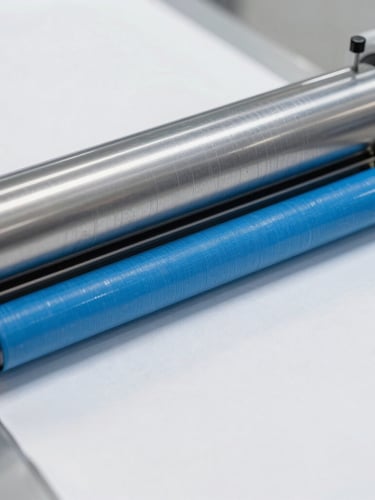 High-magnification macro shot of automated printing rollers with cool blue ink on white fabric, industrial precision lighting