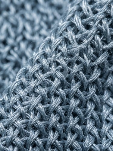 Extreme close-up macro shot of woven acetate tricot fabric under bright cool white studio lighting, sharp fiber details visible, clean tech-industrial feel.
