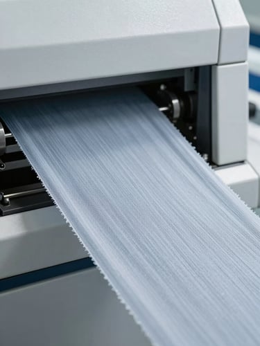 A technical testing machine in a clean, brightly lit textile laboratory, testing fabric tensile strength, cool blue and gray tones, sharp focus.