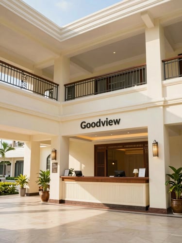 Bright welcoming hotel reception lobby of Hua Hin Goodview Hotel, warm natural daylight, soft cream tones, professional architectural photography