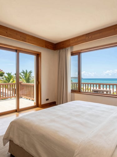 Bright spacious hotel suite interior with warm teak wood details, soft cream linens, natural daylight streaming through wide windows