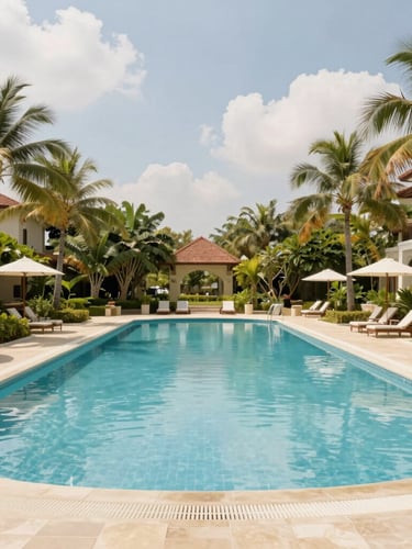 Inviting swimming pool of the resort surrounded by tropical greenery, bright natural daylight, soft blue water reflecting the sky