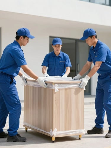 Professional movers in clean uniforms carefully wrapping a wooden cabinet with protective materials, bright natural daylight, sharp focus, 35mm lens