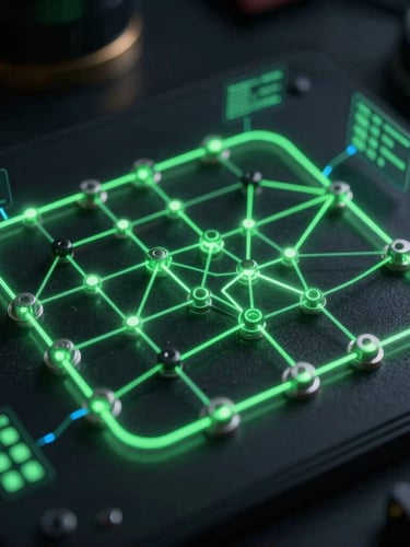 A precise node-based system architecture diagram on a dark background, glowing green connection lines, technical telemetry data overlays.