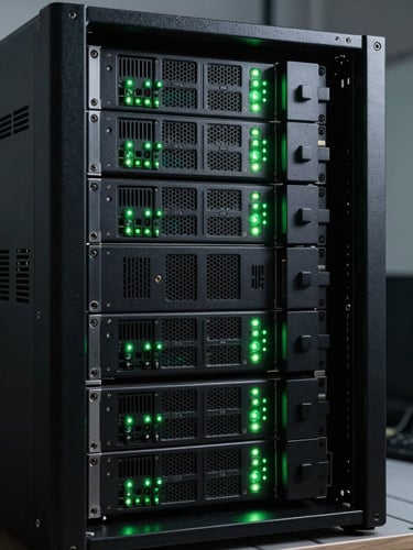 Macro shot of physical server hardware in a dark room, glowing green status lights, clean server rack environment, high-contrast.
