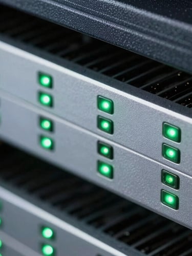 Macro close-up of physical server hardware in a dark server room, sharp green LED indicator lights casting shadows on clean aluminum chassis.