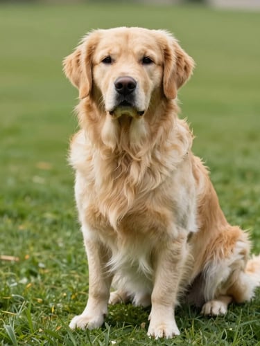Clinical macro shot of a golden retriever sitting calmly on a perfectly manicured green lawn in Stiep, bright morning daylight, crisp focus on the pet's healthy coat, clean and safe environment