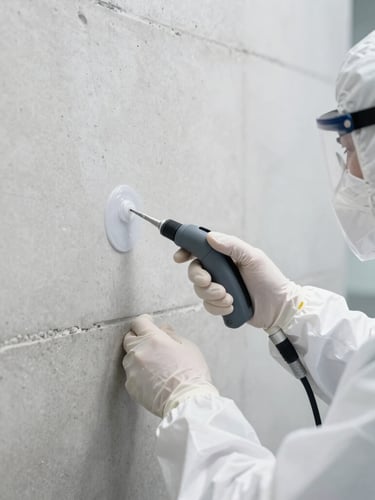 Professional technician in clean white branded PPE applying precise microencapsulated barrier treatment with specialized nozzle along a pristine concrete wall base, bright daylight, clinical clarity