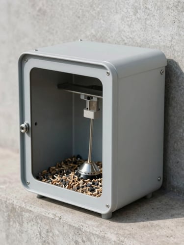 Clinical macro photograph of a secure, professional tamper-resistant rodent bait station positioned against a clean concrete perimeter wall, bright daylight