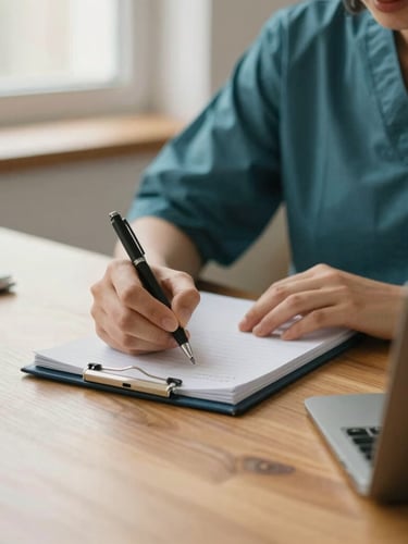Close-up of clinical psychologist taking notes on a wooden desk, warm natural daylight, soft focus, professional and calm environment, 35mm