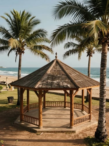 A high-angle environmental shot of the Bureh Town community pavilion under palm trees, sun-baked wooden pillars, ocean in the background, warm daylight.