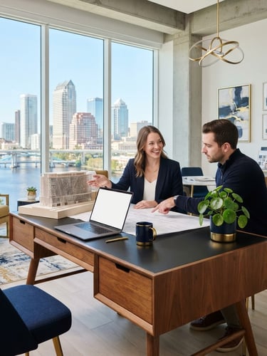 Brightly lit, clean professional workspace in Tampa with architectural lines, soft shadows, natural daylight, sharp focus, 35mm lens.
