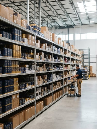 Bright natural daylight illuminating a clean, modern warehouse interior in Tampa, highly organized shelves with packaged goods, sharp focus, 35mm lens