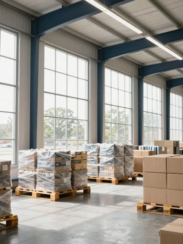 Bright, modern clean warehouse facility in Tampa, natural light streaming through high windows, organized pallets, professional atmosphere, sharp focus.