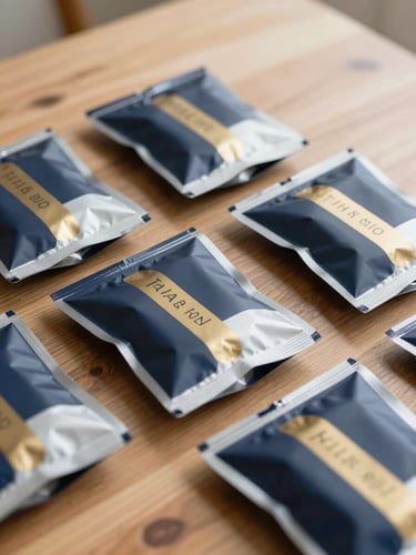 Close-up of high-quality packaged goods on a wooden prep table, soft Tampa morning light, sharp focus, 35mm lens.