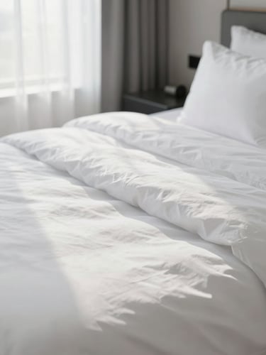 Macro photograph of perfectly styled crisp white bedding catching soft morning daylight in a high-end minimalist hotel suite