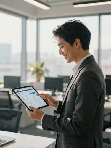 Modern, sunlit office environment in Santiago, an HR manager smiling while looking at a clean digital interface on a tablet, soft natural daylight, professional atmosphere