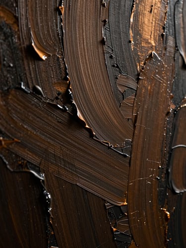 Dramatic close-up of thick, textured palette knife strokes on canvas, low-key side-lighting, warm bronze and raw charcoal pigments, high-end luxury art.