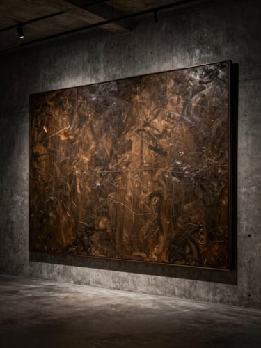 Dramatic side-lit wide shot of a massive heavily textured canvas painting hanging in a dark concrete brutalist interior, low-key lighting, warm bronze undertones, medium format photography