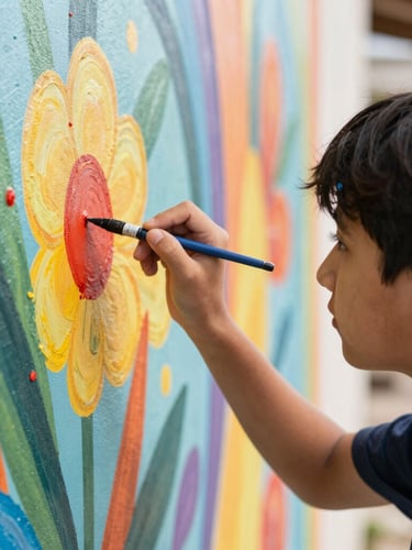 Dynamic close-up of a student painting a vibrant mural, focused expression, colorful paint splatters on canvas, warm natural daylight, shallow depth of field
