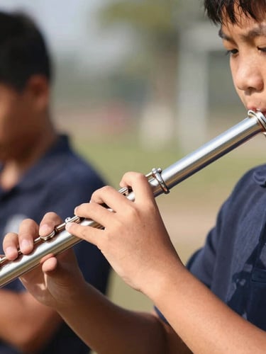 A student playing the flute in bright natural daylight, focus on fingers on keys, warm expressive colors, shallow depth of field, 50mm lens.