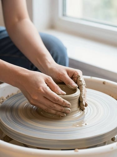 Close-up of a student's hands shaping wet clay on a pottery wheel in a bright studio, natural daylight from a side window, detailed clay texture