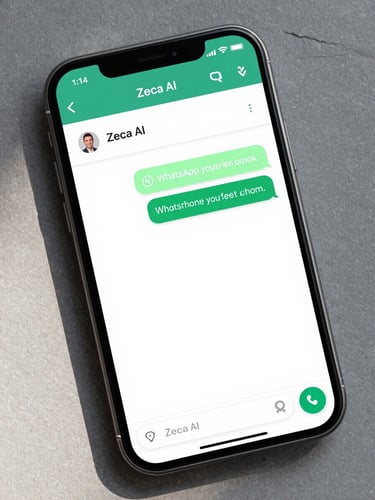 High-fidelity smartphone screen displaying a WhatsApp chat with Zeca AI, showing a clean financial summary with green accents, bright daylight reflection