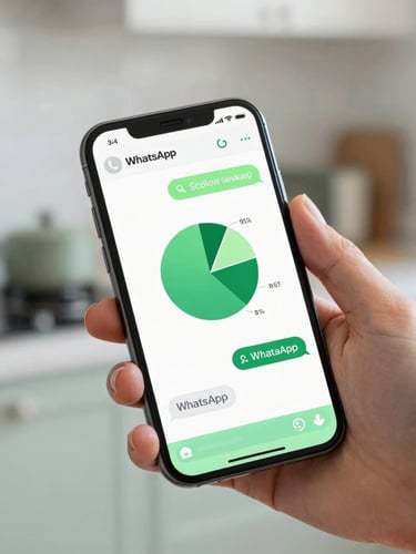 Close-up of a hand holding a modern smartphone in a bright kitchen, displaying a clean WhatsApp chat interface with a financial pie chart and natural green accents, 35mm photography