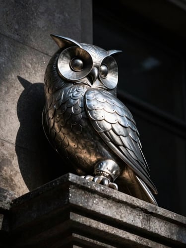 Low-angle dramatic close-up of a stylized silver metal owl of wisdom perched on a stone ledge, deep shadows, sharp metallic highlights, high-contrast chiaroscuro lighting, 35mm lens