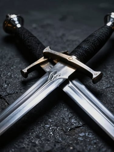 Extreme close-up of a steel sword of justice resting on dark textured stone, dramatic chiaroscuro lighting, sharp silver highlights, deep shadows