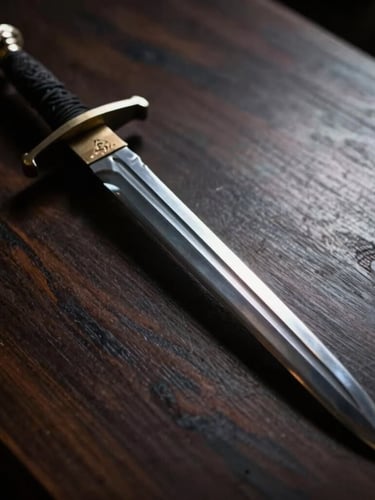 Dramatic close-up of a steel sword of justice resting on dark polished wood, sharp silver highlights, deep shadows, low-key professional photography
