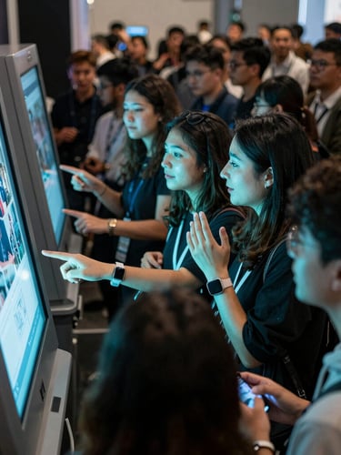 Dynamic event crowd interacting with a glowing digital photo kiosk, electric cyan lighting reflecting on faces, high contrast, wide environmental frame.