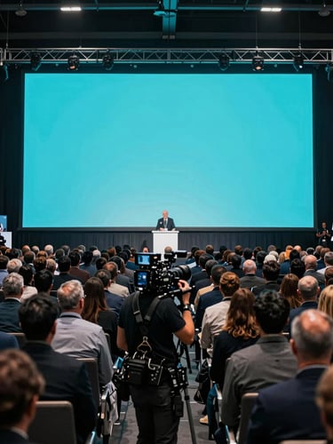 Wide-angle dramatic shot of a massive corporate conference crowd under electric cyan stage lighting, a professional photographer with gear active in the foreground, high contrast, cinematic.