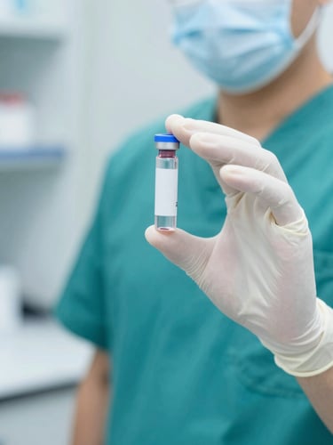 Close-up of a clinical professional in a teal uniform holding a sterile sample vial in a brightly lit, clean laboratory setting, sharp focus, 35mm
