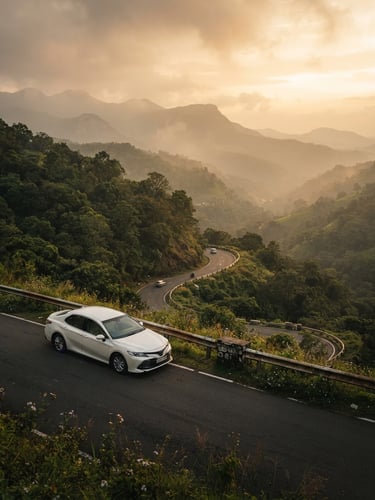 Wide environmental shot of a clean white sedan parked on a scenic mountain pass in the Western Ghats of Karnataka, golden-hour sunlight filtering through mist, rich natural tones, cinematic depth of field.