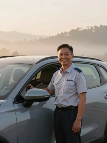 Medium shot of a professional local driver in a clean uniform smiling warmly next to a modern SUV, soft morning mist in the background, warm natural lighting.