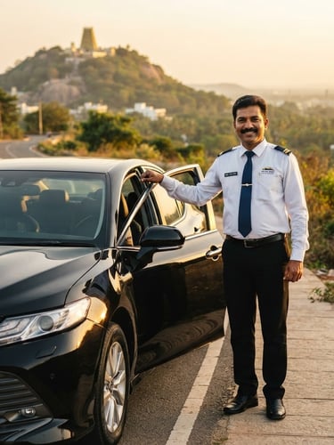 A professional local driver in a clean uniform standing next to a modern sedan, warm golden-hour light reflecting off the polished car, scenic Chamundi Hill in the soft-focus background.