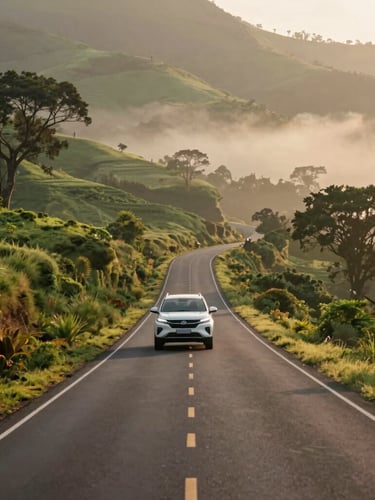Wide environmental shot of a quiet, winding road through the lush green Western Ghats during early morning mist, a clean white SUV driving smoothly in the distance.