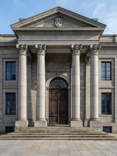 Symmetrical architectural detail of a Breton administrative building, clean granite pillars, crisp natural daylight, authoritative legal tone