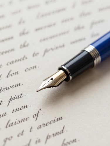Close-up of a fountain pen resting on heavy textured archival paper with elegant legal script, neutral daylight, sharp focus on the nib, deep blue ink accents.