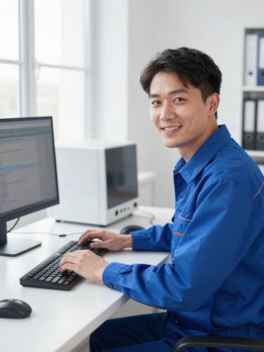 Professional portrait of a technician in a bright, clean workspace with modern technology, natural daylight, sharp focus, 35mm