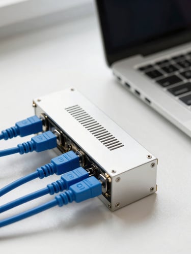 Close-up of organized hardware setup with neatly routed blue cables and a sleek laptop on a clean desk, bright natural daylight, sharp focus, 35mm