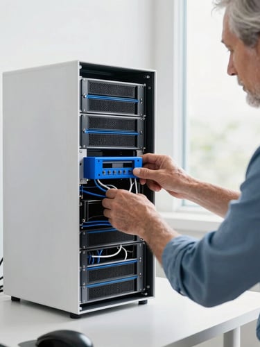A senior IT technician organizing sleek network equipment in a bright Ontario home office, clean cables, daylight, 35mm