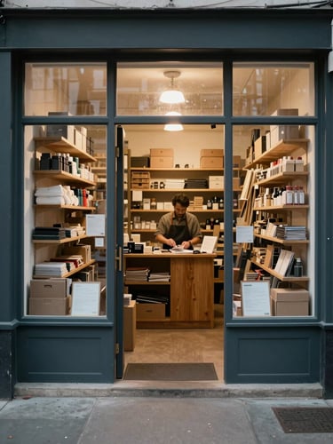 Wide environmental shot from the sidewalk looking into a small independent hardware store entrance at early morning — wooden shelving visible through glass, an owner in an apron standing at the counter reviewing paperwork, overcast natural daylight filtering softly through the storefront window, warm interior light catching dust motes, no people posing, no signage in focus
