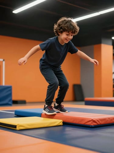Dynamic sports photography of a young child smiling while balancing on a colorful foam beam in a bright modern training facility, intense orange accents, high-contrast gym lighting, 35mm