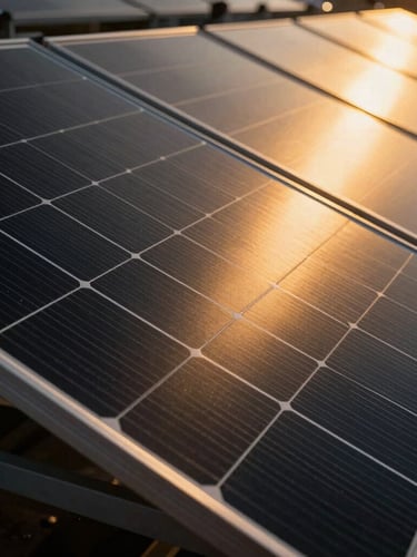 Sharp close-up of high-performance monocrystalline solar panels reflecting a dramatic golden sunset sky, clean metallic grid lines, professional industrial setting, 35mm photography.