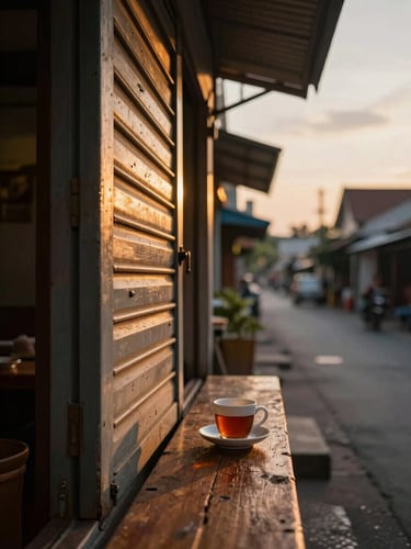 Wide editorial frame, golden-hour light raking across a narrow Southeast Asian street at dusk — a weathered shopfront shutter half-open to the left, a single ceramic cup of tea resting on a worn wooden ledge in the right foreground, warm amber glow from inside, no people visible, generous negative space in the upper sky